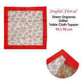 NNEDSZ Christmas Red Joyful Floral Sheer Organza Glitter Table Cloth Topper 90 x 90 cm