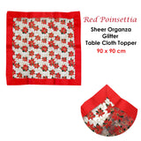 NNEDSZ Christmas Red Poinsettia Sheer Organza Glitter Table Cloth Topper 90 x 90 cm