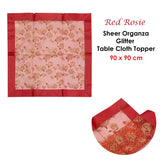 NNEDSZ Christmas Red Rosie Sheer Organza Glitter Table Cloth Topper 90 x 90 cm