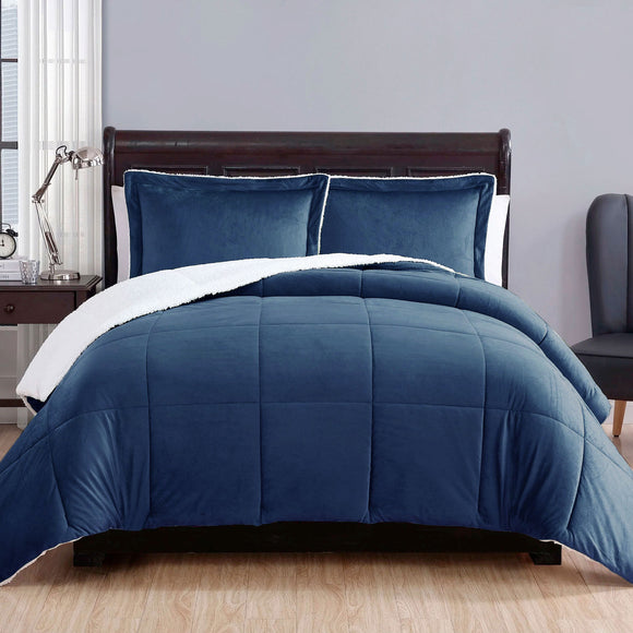 NNEDSZ 3 Piece Ultra-soft Micro Mink Comforter Set Queen with Sherpa Reverse Navy Blue