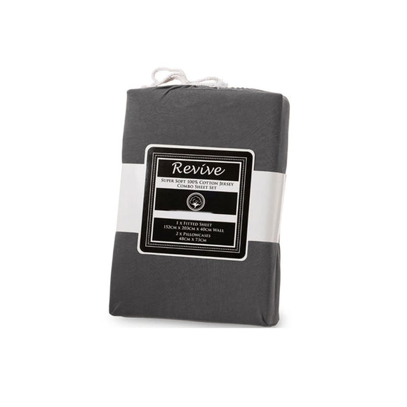 NNEDSZ Revive Charcoal 100% Cotton Jersey Super Soft Fitted Sheet Combo Set King Single 35cm Wall