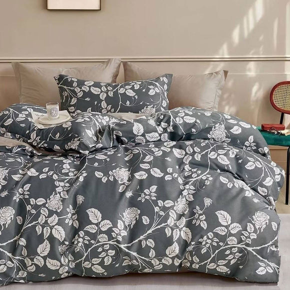 NNEDSZ 300TC Gardenia Charcoal Reversible Cotton Quilt Cover Set Queen