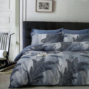 NNEDSZ 300TC Palm Leaf Blue Reversible Cotton Quilt Cover Set Queen
