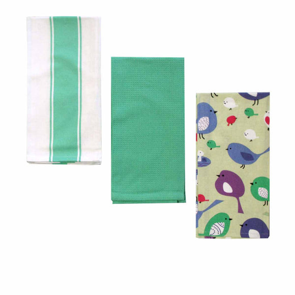 NNEDSZ Home Oasis Set of 3 Printed Cotton Rich Tea Towels 50 x 70 cm Birdie Mint