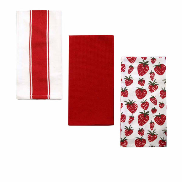 NNEDSZ Home Oasis Set of 3 Printed Cotton Rich Tea Towels 50 x 70 cm Strawberry Red