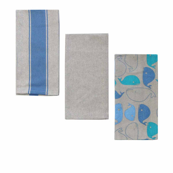 NNEDSZ Home Oasis Set of 3 Printed Cotton Rich Tea Towels 50 x 70 cm Whale Grey