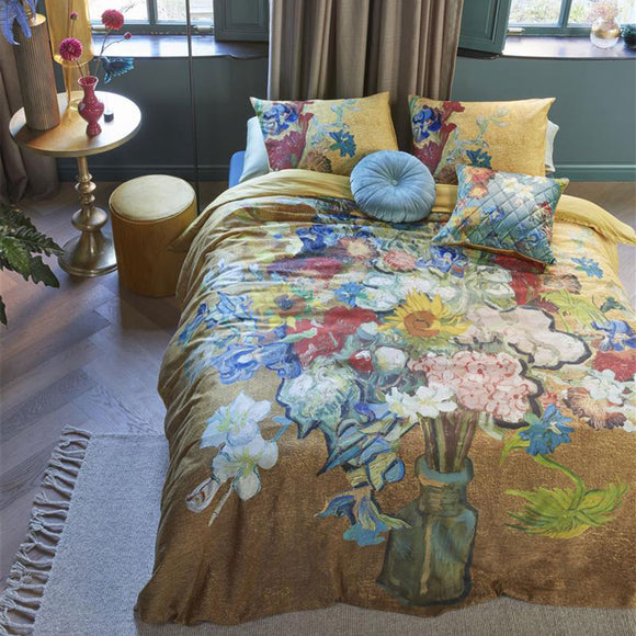 NNEDSZ Bedding House Van Gogh Bouquet d'Anniversaire Gold Cotton Sateen Quilt Cover Set Queen