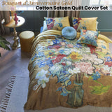 NNEDSZ Bedding House Van Gogh Bouquet d'Anniversaire Gold Cotton Sateen Quilt Cover Set Queen