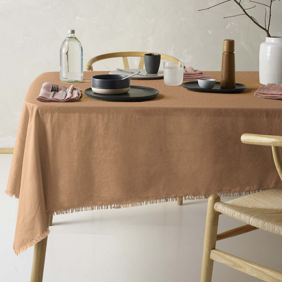 NNEDSZ Vintage Design Homewares Gypsy Terracotta Fringed Washed Linen Cotton Tablecloth 150cm x 275cm