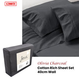 NNEDSZ Jane Barrington 1200TC Olivia Cotton Rich Sheet Set 40cm Wall Charcoal King