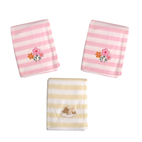 NNEDSZ Living Home for Baby Girls Flowers and Bear Pack of 3 Embroidered Polar fleece Stripe Cot Blankets 100 x 140cm