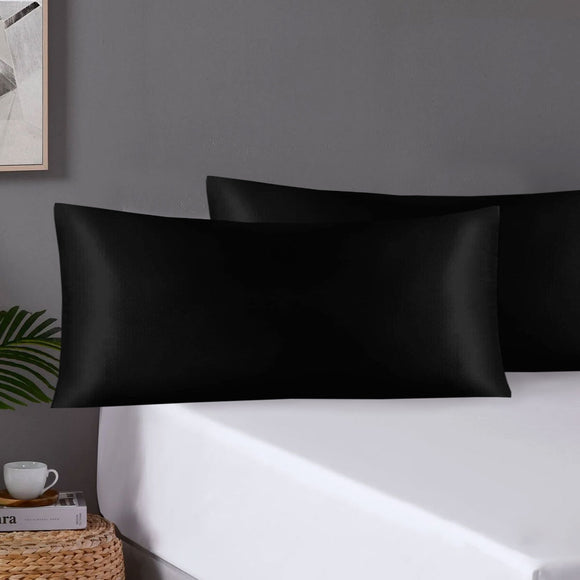 NNEDSZ Pair of King Satin Silk Pillowcases with Envelope Closure 51 x 102 cm Black