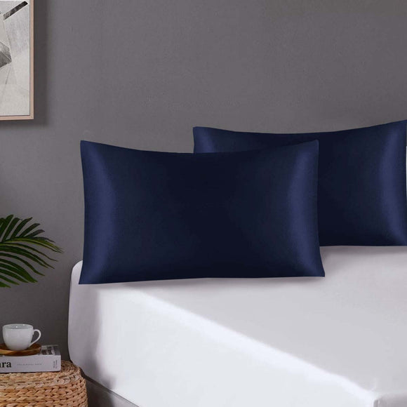 NNEDSZ Pair of Standard Satin Silk Pillowcases with Envelope Closure 51 x 76 cm Navy