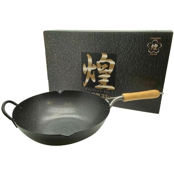 NNEDSZ Kirameki Cast Iron Double Fiber Line Stir-fry Wok (Made in Japan) - 33cm