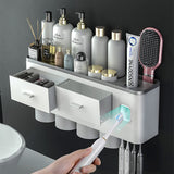 NNEDSZ Toothbrush Holders with 3-4 Cups Automatic Toothpaste Dispenser Kit(4 Cups 2 Drawer)