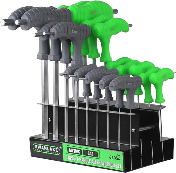 NNEDSZ 18-Piece T-Handle Allen Key Set, Inch/Metric Long Arm Ball End Hex Key Wrench Set, MM(1.5mm-10mm) SAE(1/16