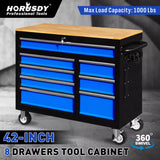 NNEDSZ HORUSDY 42 inch 8 Drawer Tool Cabinet 1000 lbs Wood Top Power Strip Casters Blue