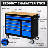 NNEDSZ HORUSDY 42 inch 8 Drawer Tool Cabinet 1000 lbs Wood Top Power Strip Casters Blue