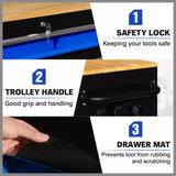 NNEDSZ HORUSDY 42 inch 8 Drawer Tool Cabinet 1000 lbs Wood Top Power Strip Casters Blue