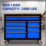 NNEDSZ HORUSDY 42 inch 8 Drawer Tool Cabinet 1000 lbs Wood Top Power Strip Casters Blue