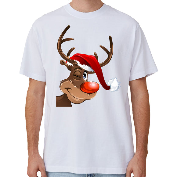 NNEDSZ 100% Cotton Christmas T-shirt Adult Unisex Tee Tops Funny Santa Party Custume, Reindeer Wink (White), L