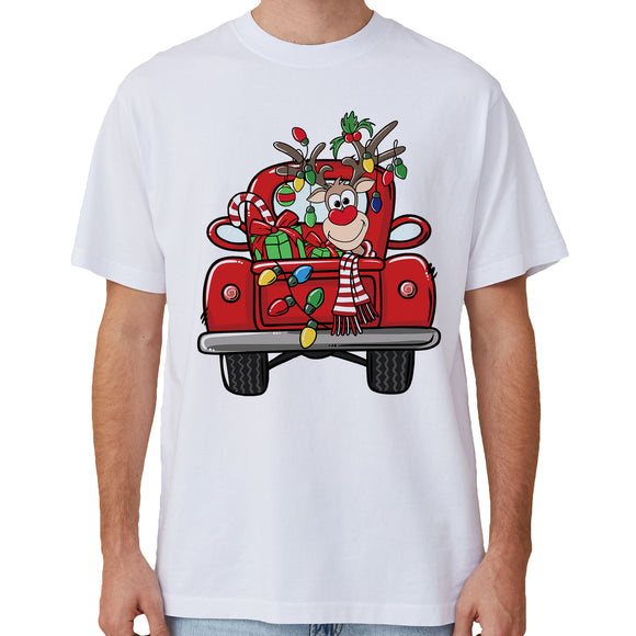 NNEDSZ 100% Cotton Christmas T-shirt Adult Unisex Tee Tops Funny Santa Party Custume, Car with Reindeer (White), S