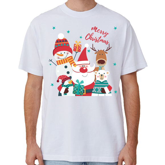 NNEDSZ 100% Cotton Christmas T-shirt Adult Unisex Tee Tops Funny Santa Party Custume, Santa Gathering (White), L