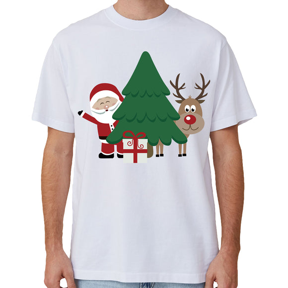 NNEDSZ 100% Cotton Christmas T-shirt Adult Unisex Tee Tops Funny Santa Party Custume, Santa with Tree (White), L