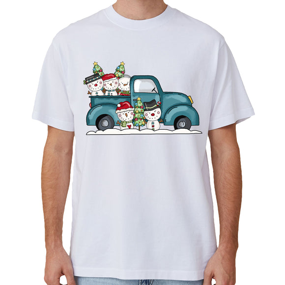 NNEDSZ 100% Cotton Christmas T-shirt Adult Unisex Tee Tops Funny Santa Party Custume, Car with Snowman (White), S