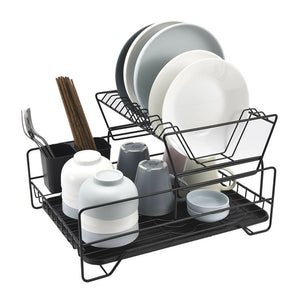 NNEDSZ 2 Tier Dish Drainer with Cutlery Holder Black
