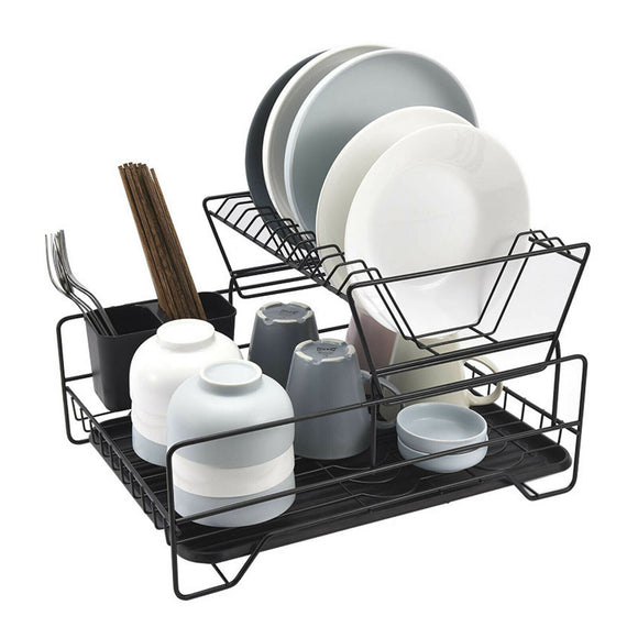NNEDSZ 2 Tier Dish Drainer with Cutlery Holder Black