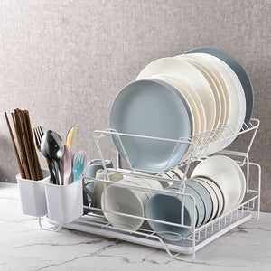 NNEDSZ 2 Tier Dish Drainer with Cutlery Holder White