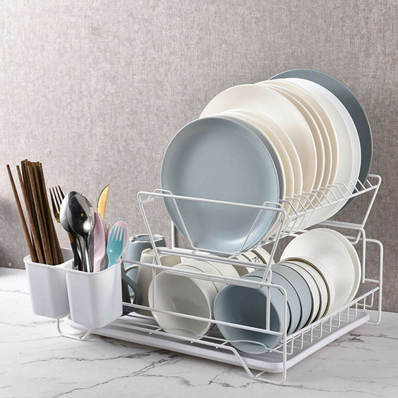 NNEDSZ 2 Tier Dish Drainer with Cutlery Holder White