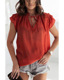 NNEDSZ Exchange Tiered Ruffled Drawstring V Neck Top - L
