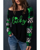 NNEDSZ Exchange Lucky Clover Glitter Pattern Leopard Plaid Top - S