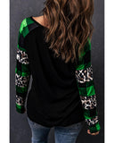 NNEDSZ Exchange Lucky Clover Glitter Pattern Leopard Plaid Top - S