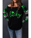 NNEDSZ Exchange Lucky Clover Glitter Pattern Leopard Plaid Top - S