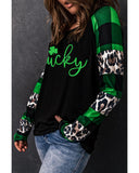 NNEDSZ Exchange Lucky Clover Glitter Pattern Leopard Plaid Top - S