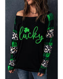 NNEDSZ Exchange Lucky Clover Glitter Pattern Leopard Plaid Top - S