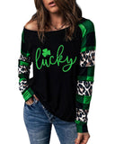 NNEDSZ Exchange Lucky Clover Glitter Pattern Leopard Plaid Top - S