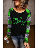 NNEDSZ Exchange Lucky Clover Glitter Pattern Leopard Plaid Top - S
