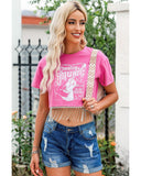 NNEDSZ Exchange Graphic Print Rhinestone Fringed Crop Top - XL