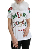 NNEDSZ Dolce & Gabbana Women's White Cotton Christmas Sequin Fur T-shirt - 38 IT