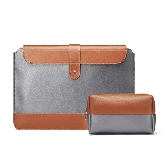 NNEDSZ 13-14 Inch Horizontal Microfiber Notebook Liner & Power Bag - Gray & Brown
