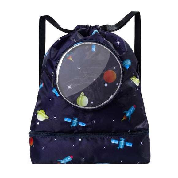 NNEDSZ Blue Waterproof Drawstring Beach Bag L Size For Kids Wet & Dry Separation Shoulder Strap - Tibetan L