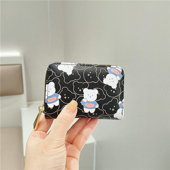 NNEDSZ Cute Bear Print Multi Slot Card Holder Anti Degaussing Design - Black