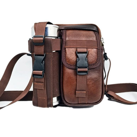 NNEDSZ 8 Leather Shoulder Mobile Phone Messenger Bag Casual Water Bottle Bag - Coffee
