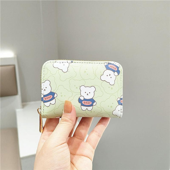 NNEDSZ Cute Bear Print Multi Slot Card Holder Anti Degaussing Design - Green