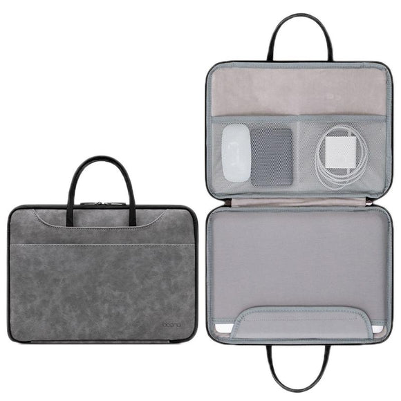 NNEDSZ Waterproof Leather Computer Bag - 15 / 15.6 / 16 Inches Fully Open & Portable - Gray Black