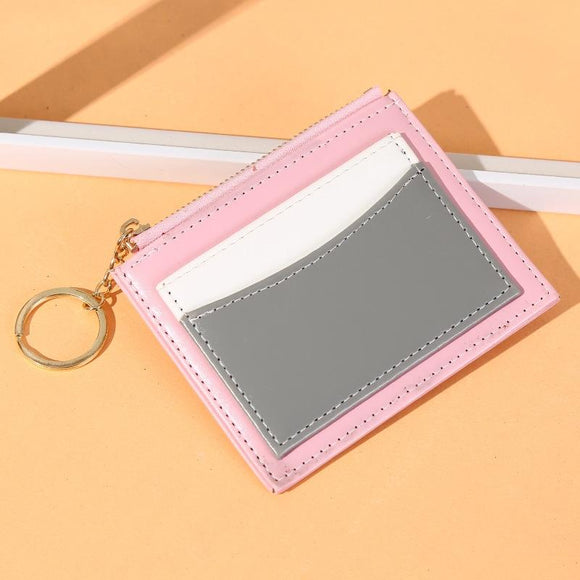 NNEDSZ Portable Simple Card Holder Coin Purse With Keychain Unisex Pu Wallet - Pink